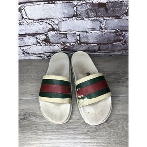 GUCCI Web White Rubber Logo Casual Slides Designer Sandals Men’s Sz 11M US/44EU